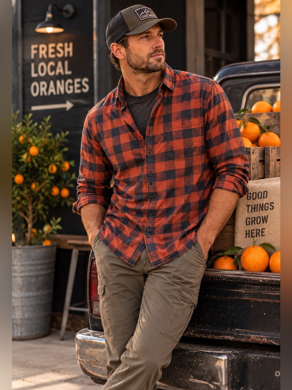 Eddie Bauer Men M Orange Navy Plaid Button Up Shirt Mesh Vent Outdoor Hiking